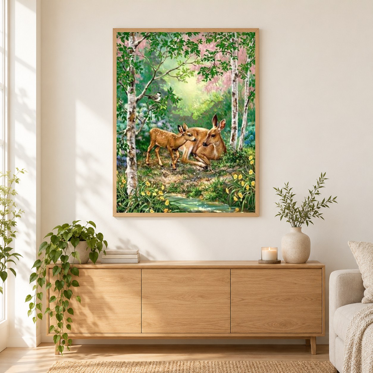 Mutter Hirsch mit Baby als gerahmtes Diamond Painting im Wohnzimmer