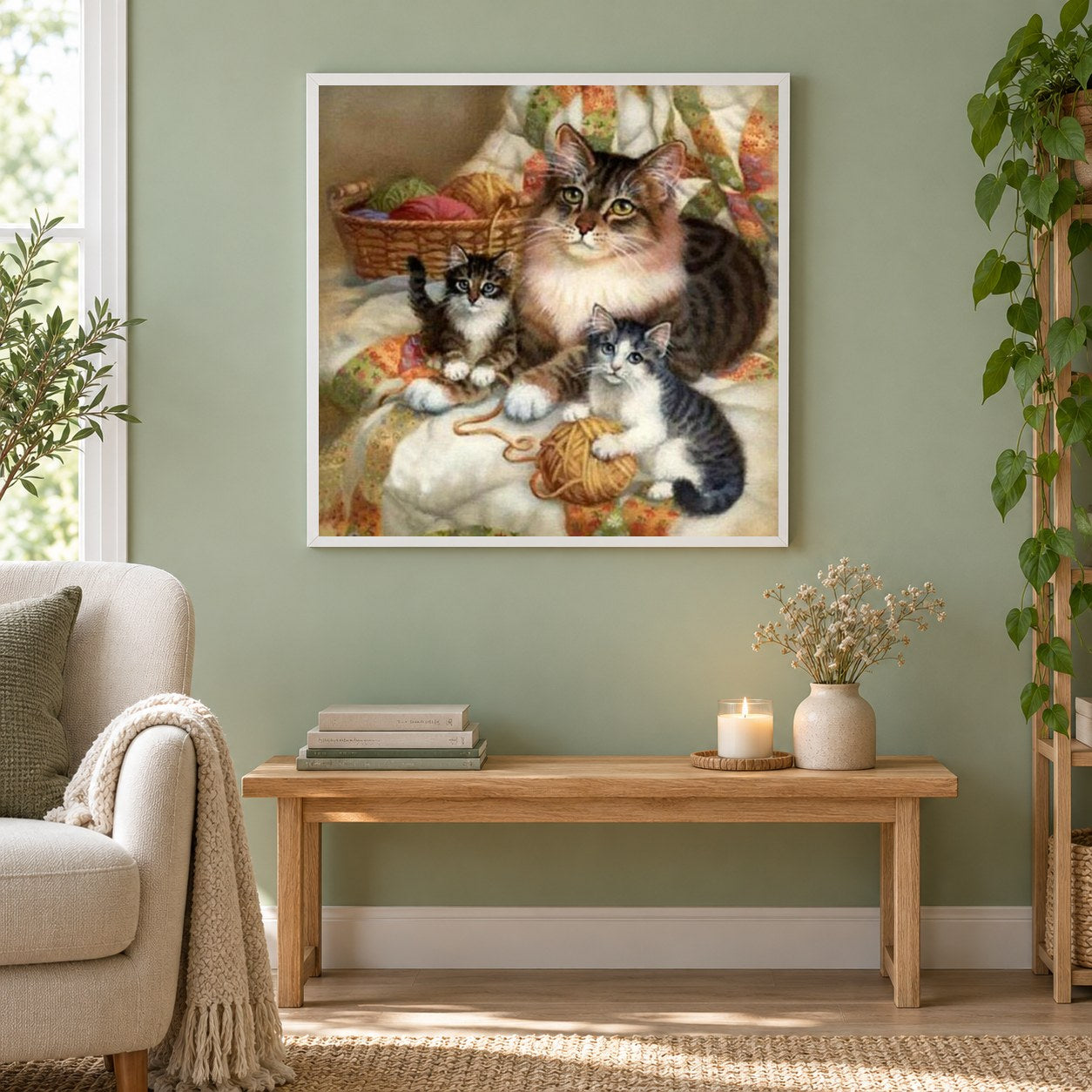 Mutter Katze & Baby Kätzchen als gerahmtes Diamond Painting im Wohnzimmer