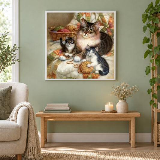Mutter Katze & Baby Kätzchen als gerahmtes Diamond Painting im Wohnzimmer