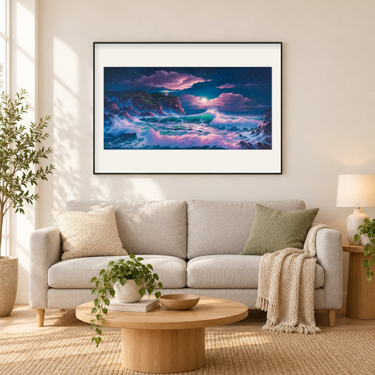 Geheimnis - Kunst des Jonn Einerssen als gerahmtes Diamond Painting im Wohnzimmer