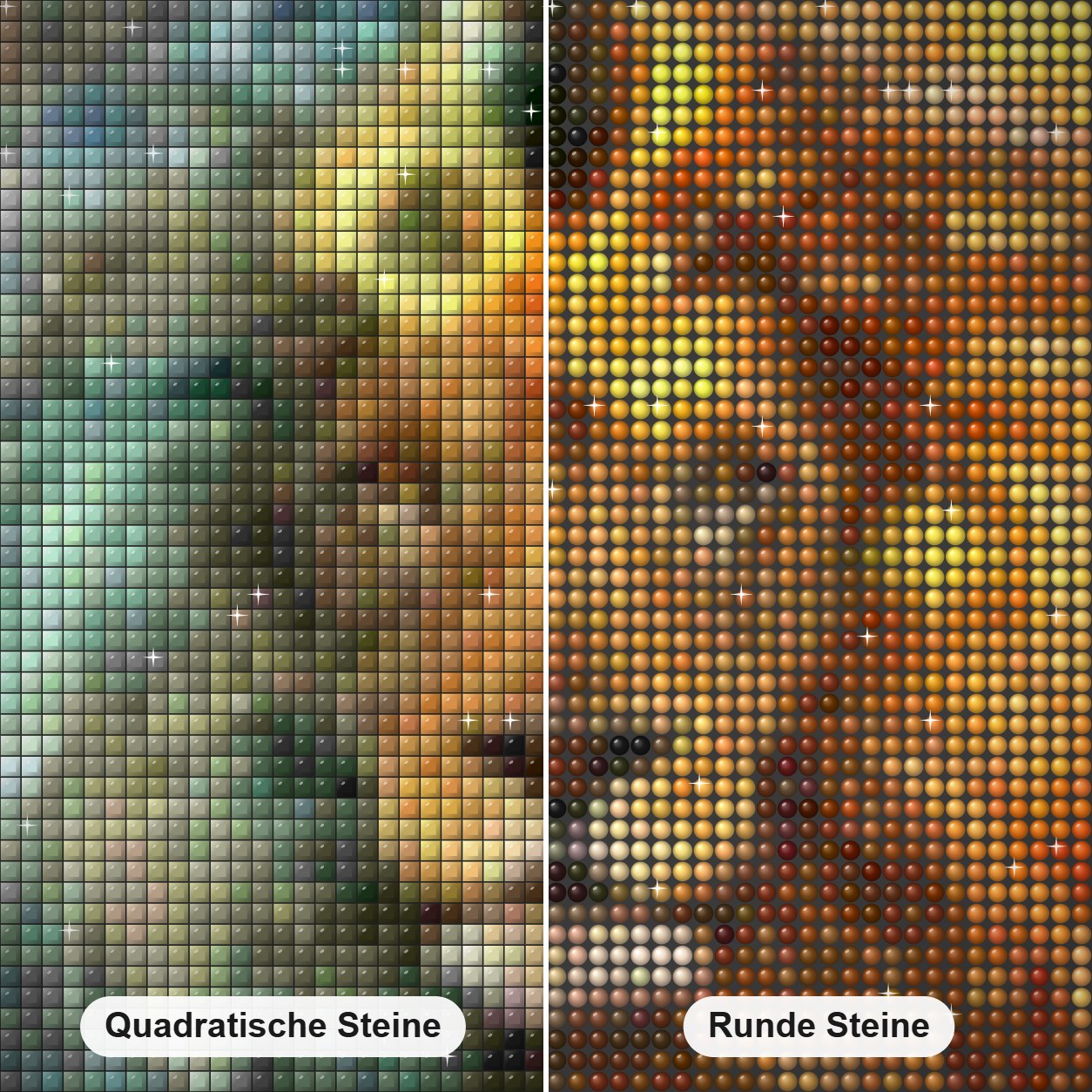 Mystischer Löwe Diamond Painting Nahaufnahme mit quadratischen und runden Steinen