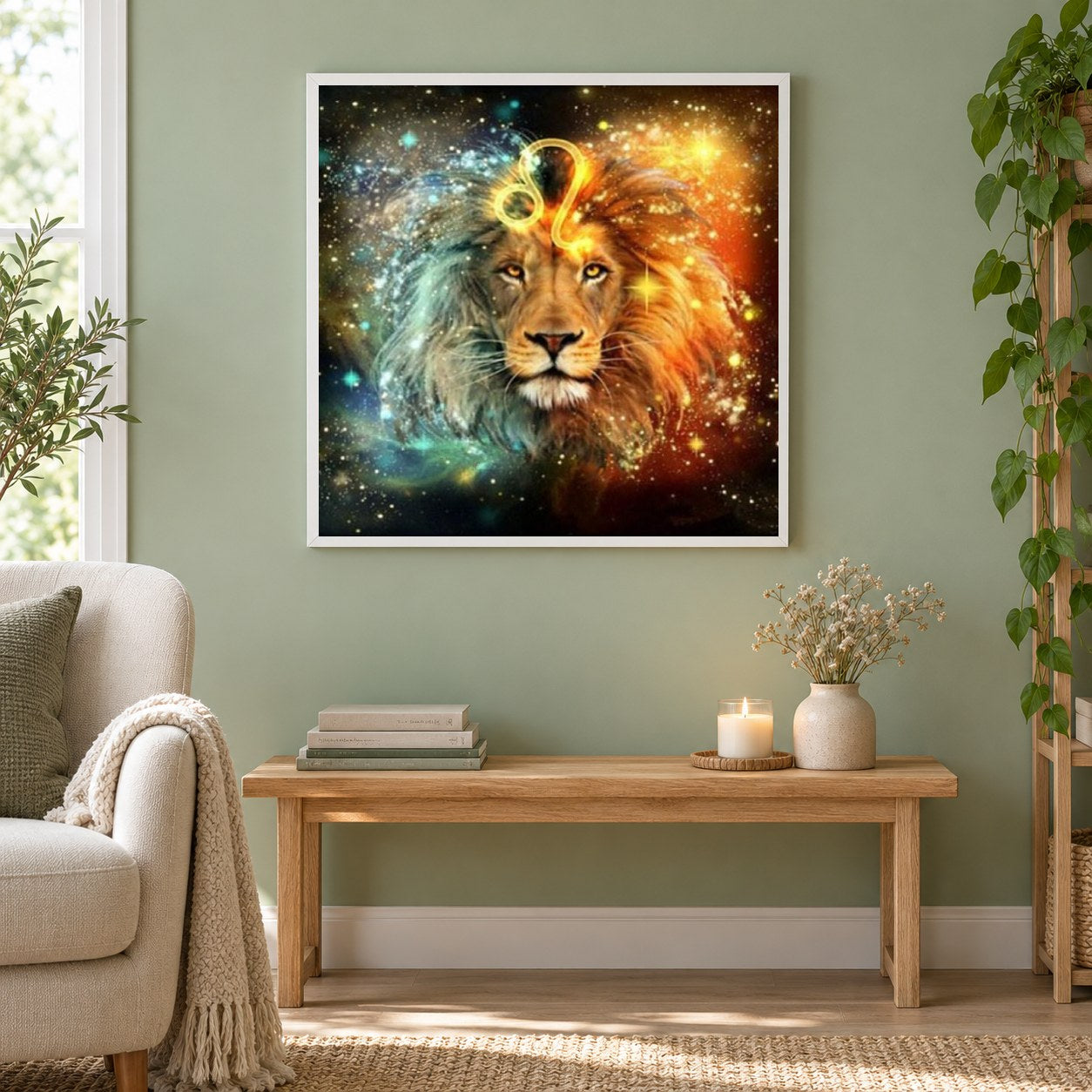 Mystischer Löwe als gerahmtes Diamond Painting im Wohnzimmer
