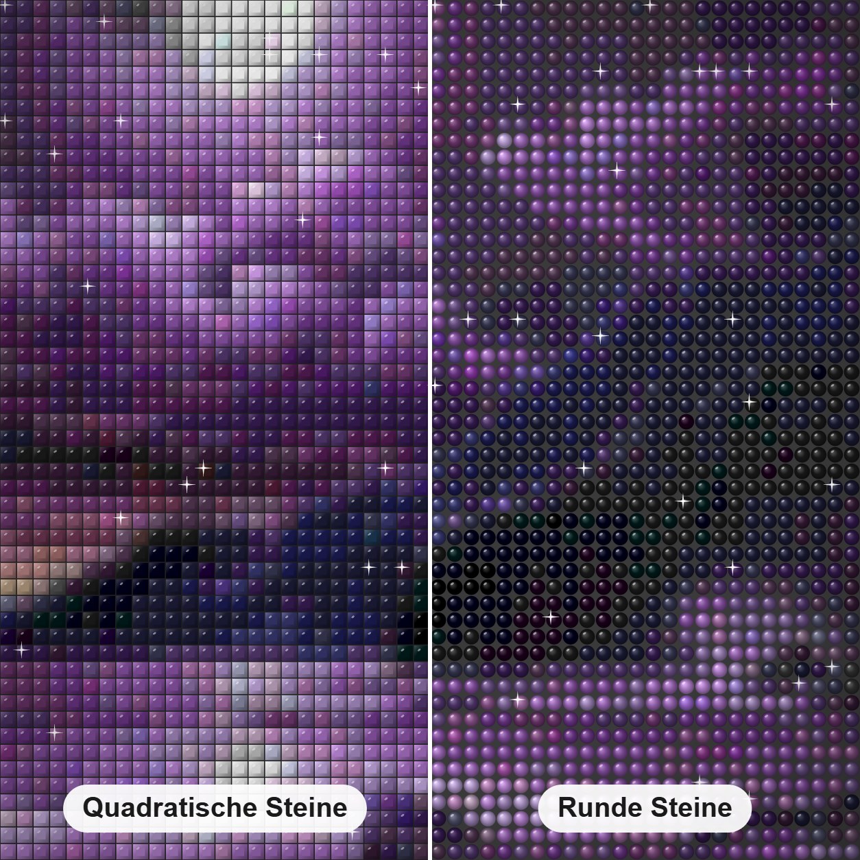 Nachtmond und lila Strand Diamond Painting Nahaufnahme mit quadratischen und runden Steinen