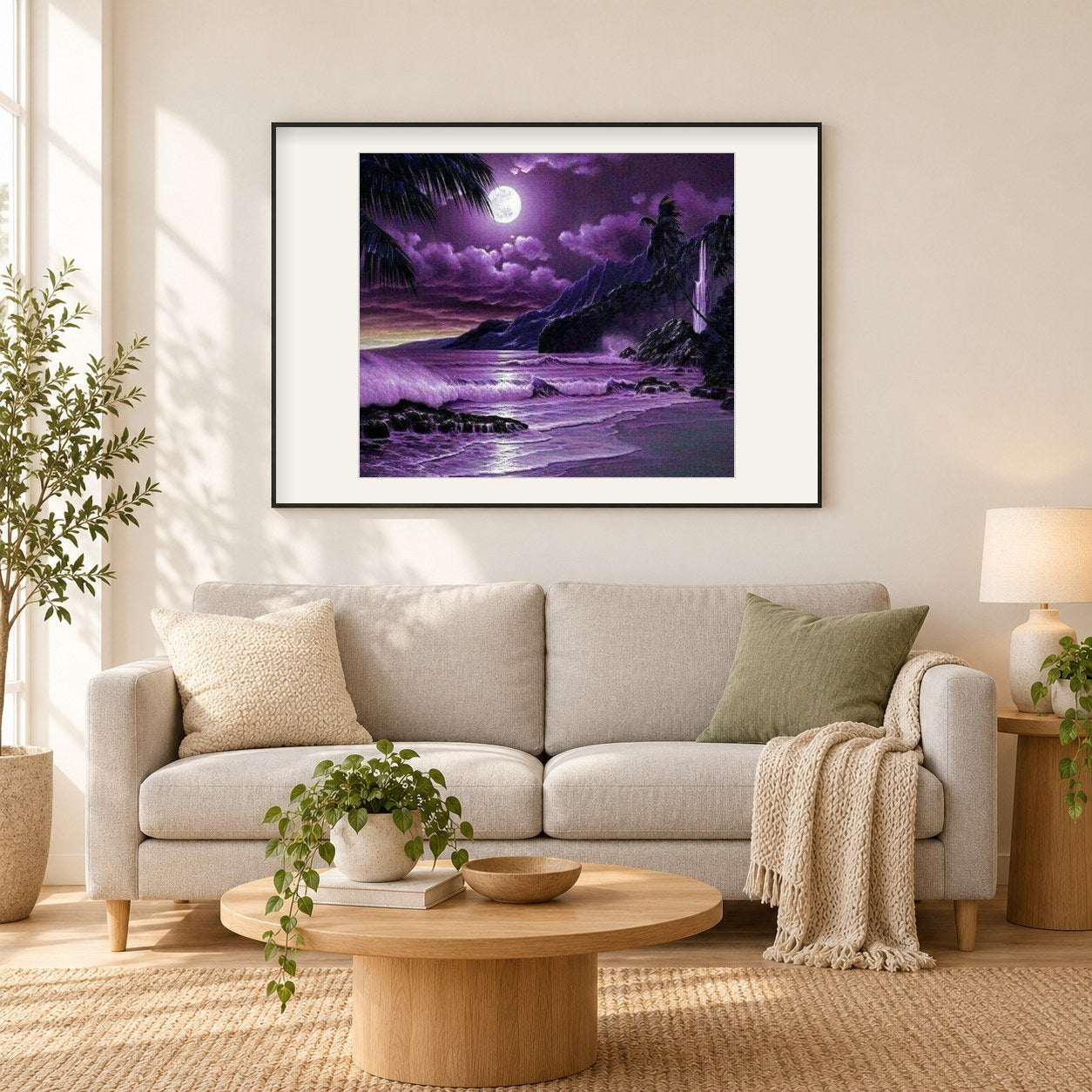 Nachtmond und lila Strand als gerahmtes Diamond Painting im Wohnzimmer
