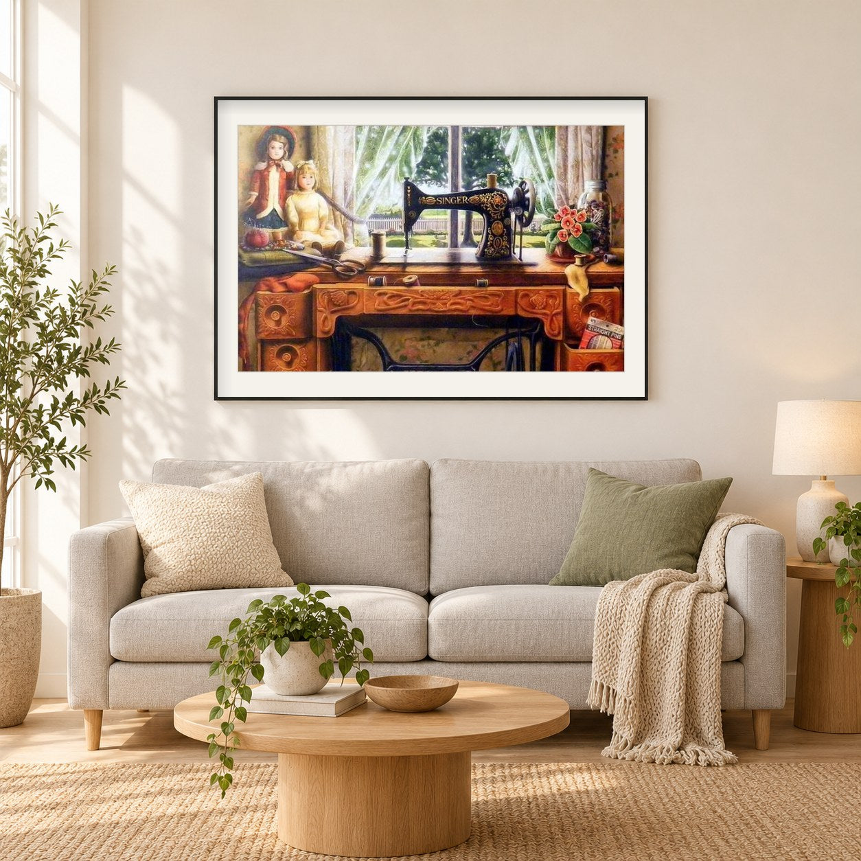 Nähmaschine als gerahmtes Diamond Painting im Wohnzimmer