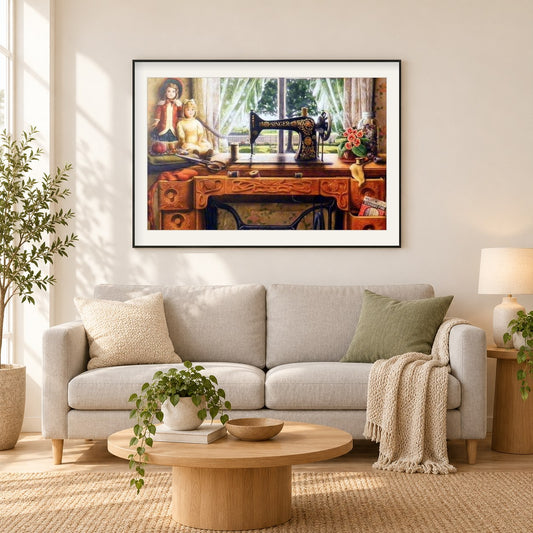 Nähmaschine als gerahmtes Diamond Painting im Wohnzimmer