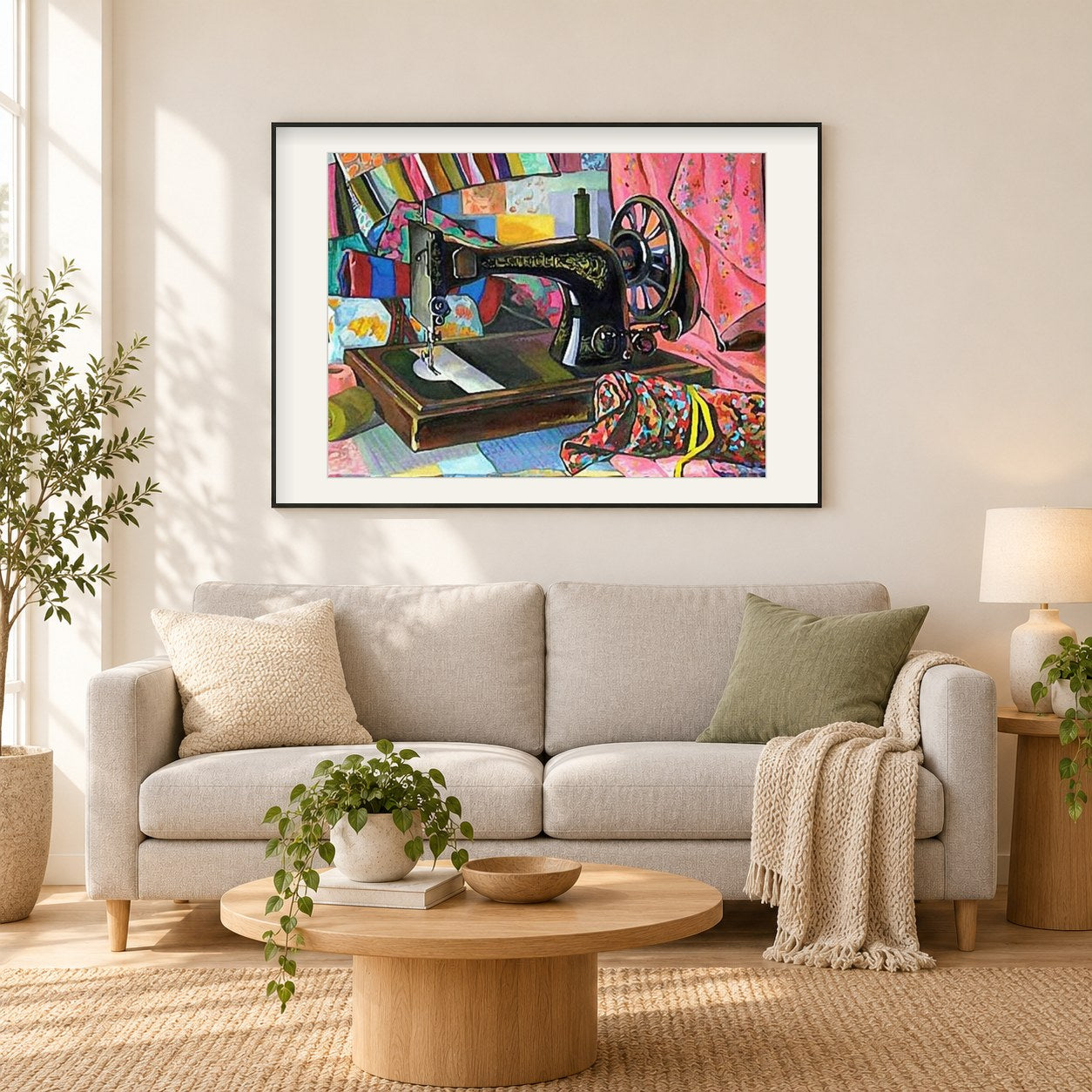 Nähmaschine als gerahmtes Diamond Painting im Wohnzimmer