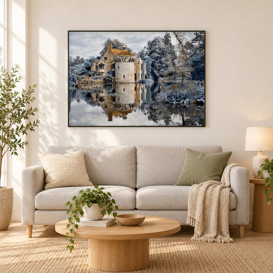 Nationales Vertrauen - Scotney Castle als gerahmtes Diamond Painting im Wohnzimmer