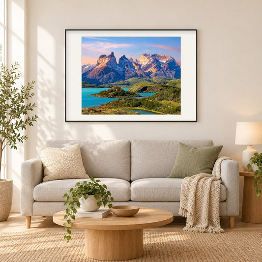 Nationalpark Torres del Paine als gerahmtes Diamond Painting im Wohnzimmer