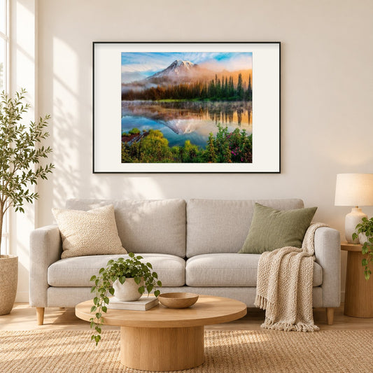 Nebliger Berg- und Seeblick als gerahmtes Diamond Painting im Wohnzimmer