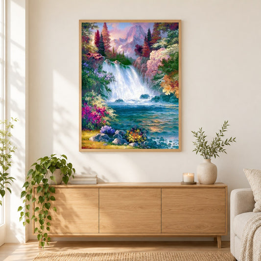 Nebliger Wasserfall als gerahmtes Diamond Painting im Wohnzimmer