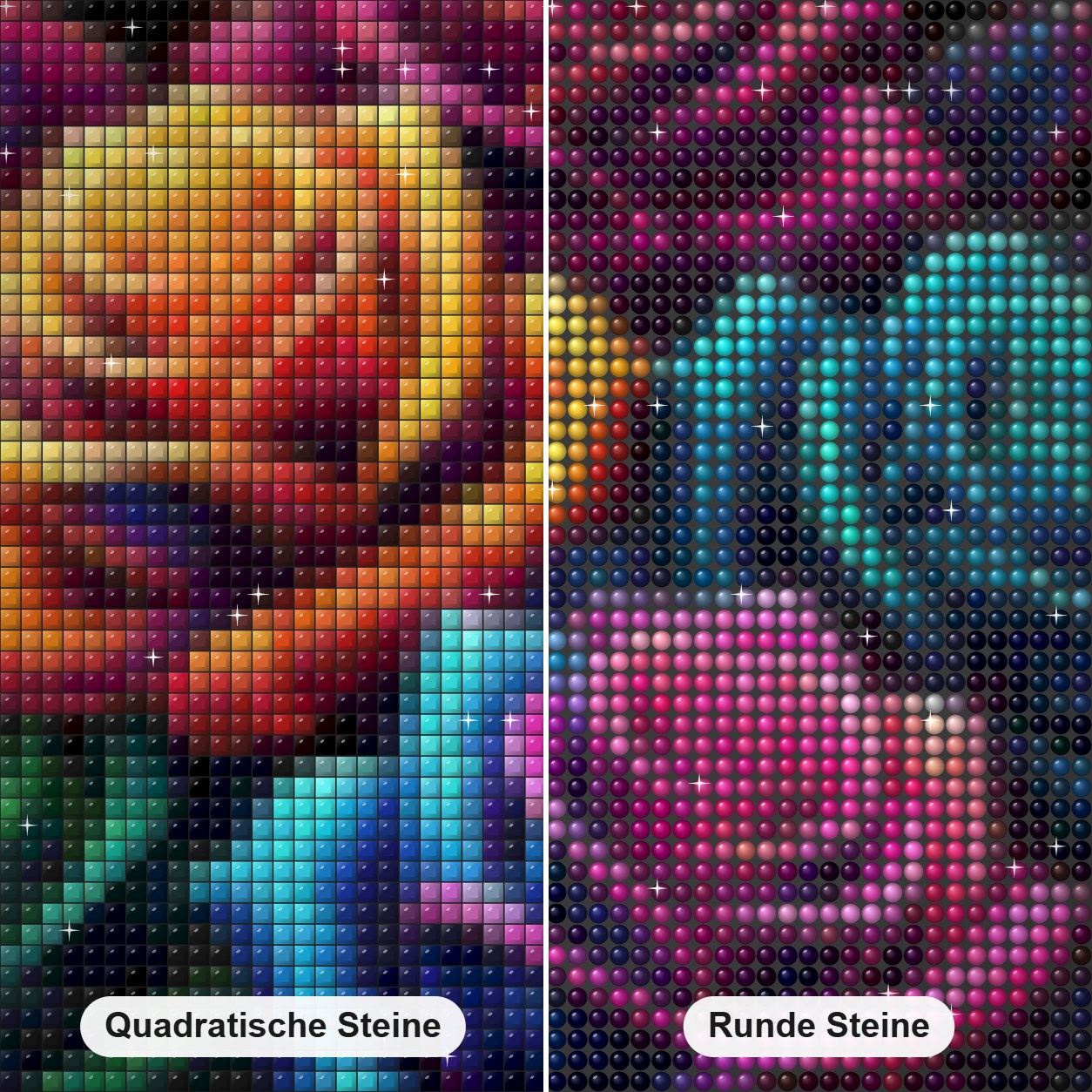 Neonfarbene Rosenblüten Diamond Painting Nahaufnahme mit quadratischen und runden Steinen