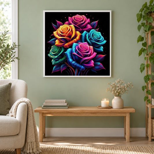 Neonfarbene Rosenblüten als gerahmtes Diamond Painting im Wohnzimmer