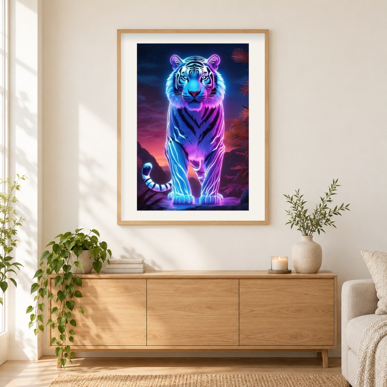 Der wachsame Blick des Neon-Löwen als gerahmtes Diamond Painting im Wohnzimmer