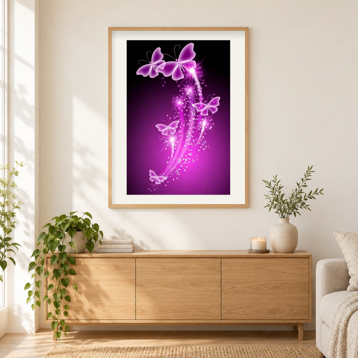 Neonschmetterlinge, die Magie besprühen als gerahmtes Diamond Painting im Wohnzimmer