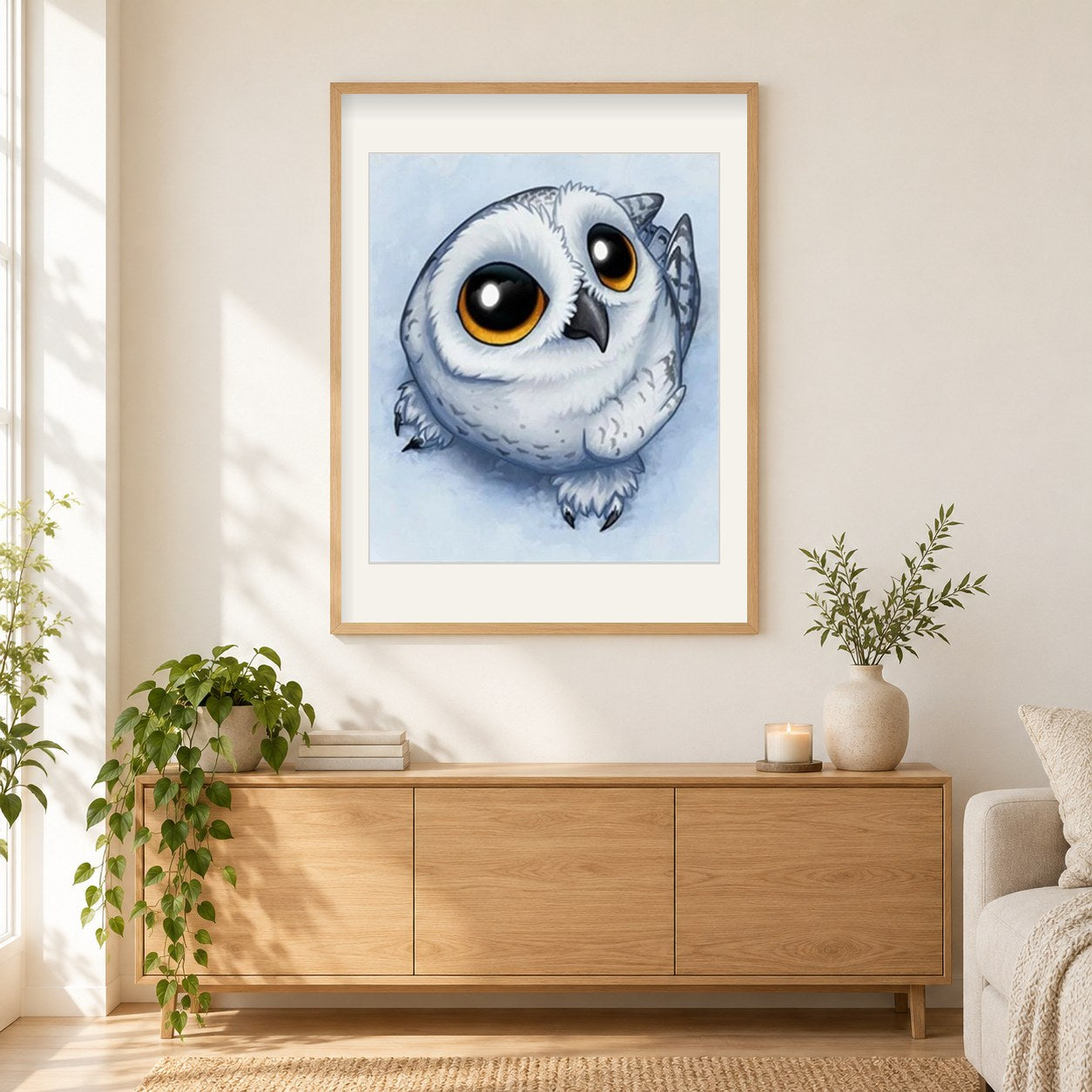 Nette Babyeule als gerahmtes Diamond Painting im Wohnzimmer