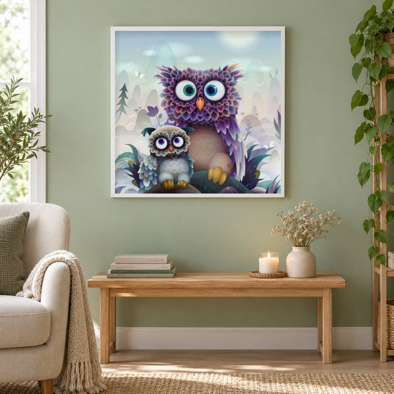 Nette Cartoon-Eulen als gerahmtes Diamond Painting im Wohnzimmer