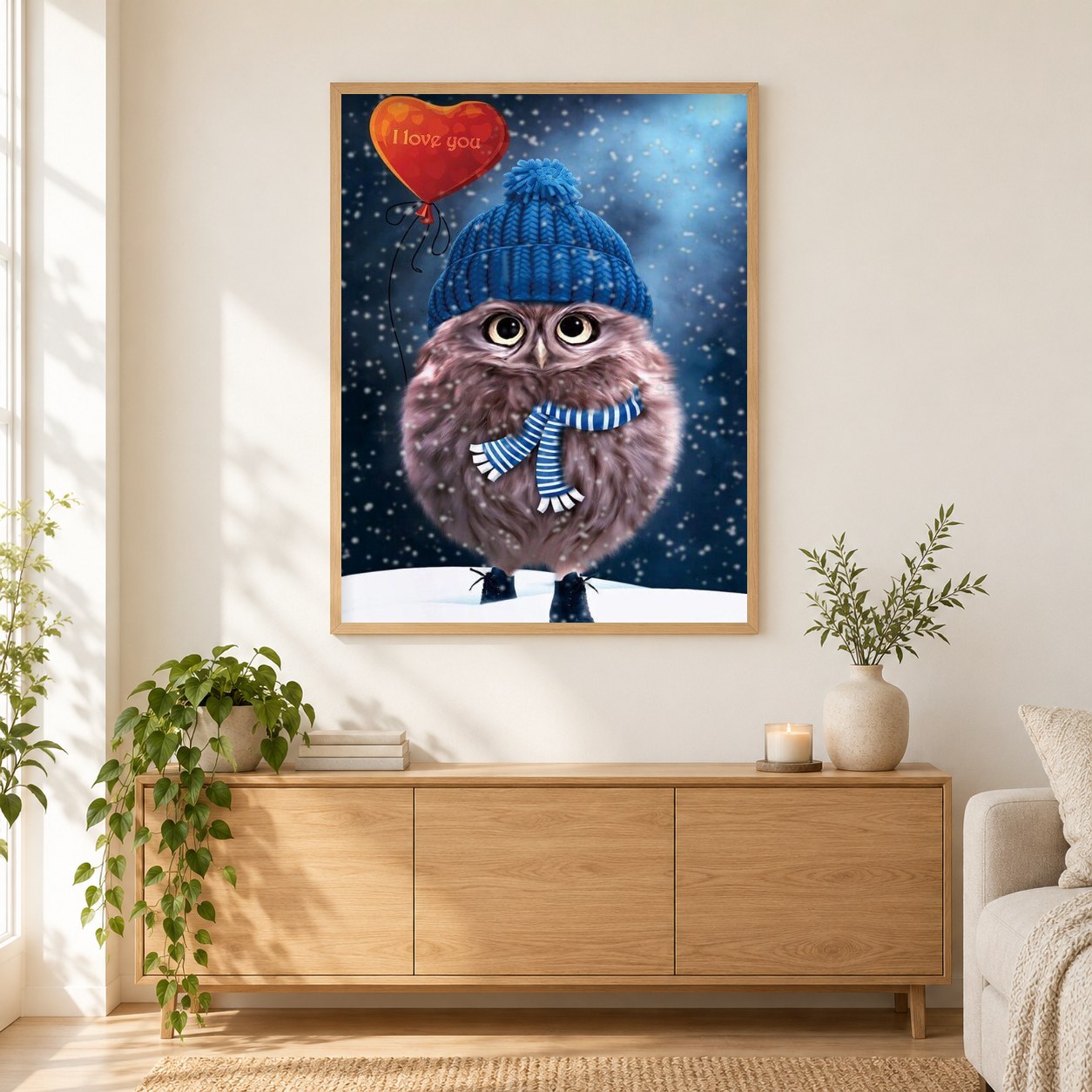 Nette Eule die Mütze u. Schuhe trägt als gerahmtes Diamond Painting im Wohnzimmer