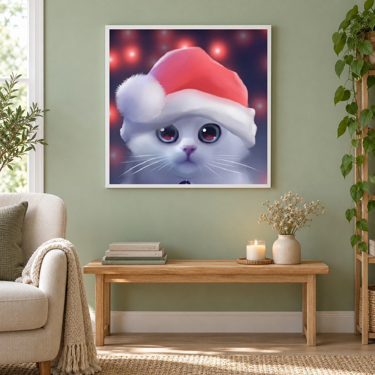 Nette Katze mit Weihnachtsmütze als gerahmtes Diamond Painting im Wohnzimmer