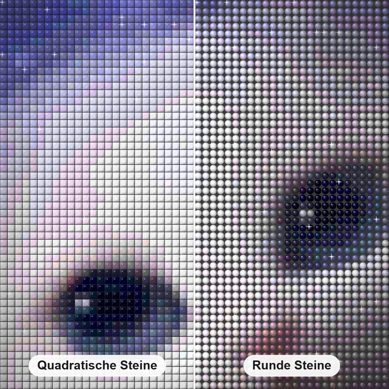 Nette weiße Katze mit blauen Augen Diamond Painting Nahaufnahme mit quadratischen und runden Steinen