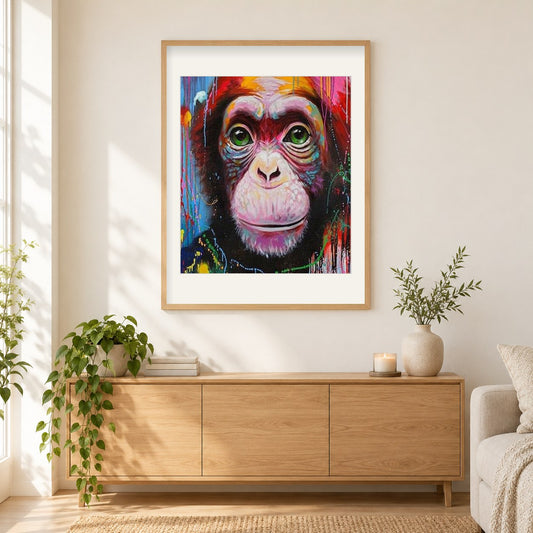 Netter Affe mit grünen Augen als gerahmtes Diamond Painting im Wohnzimmer