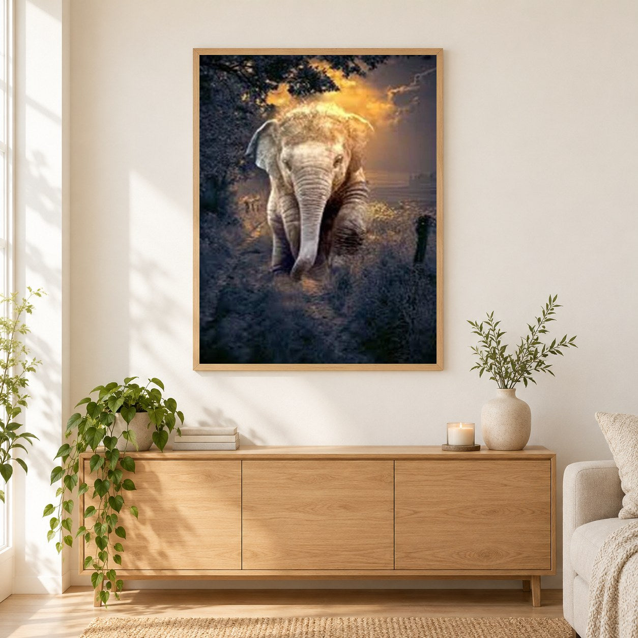 Netter Baby-Elefant als gerahmtes Diamond Painting im Wohnzimmer