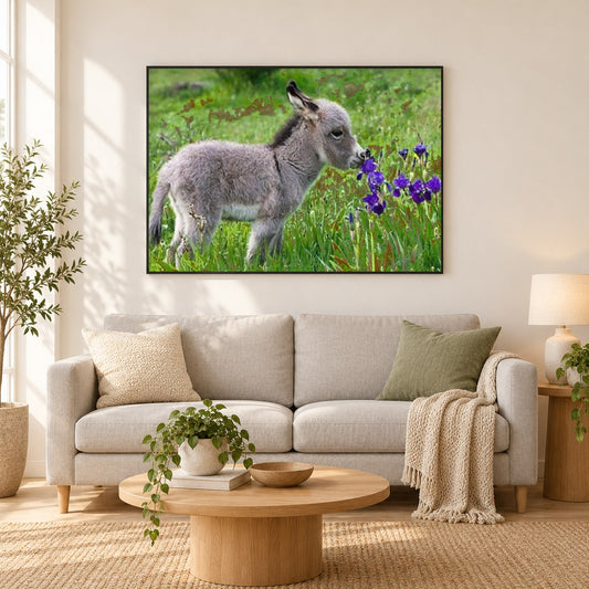 Netter Baby-Esel als gerahmtes Diamond Painting im Wohnzimmer