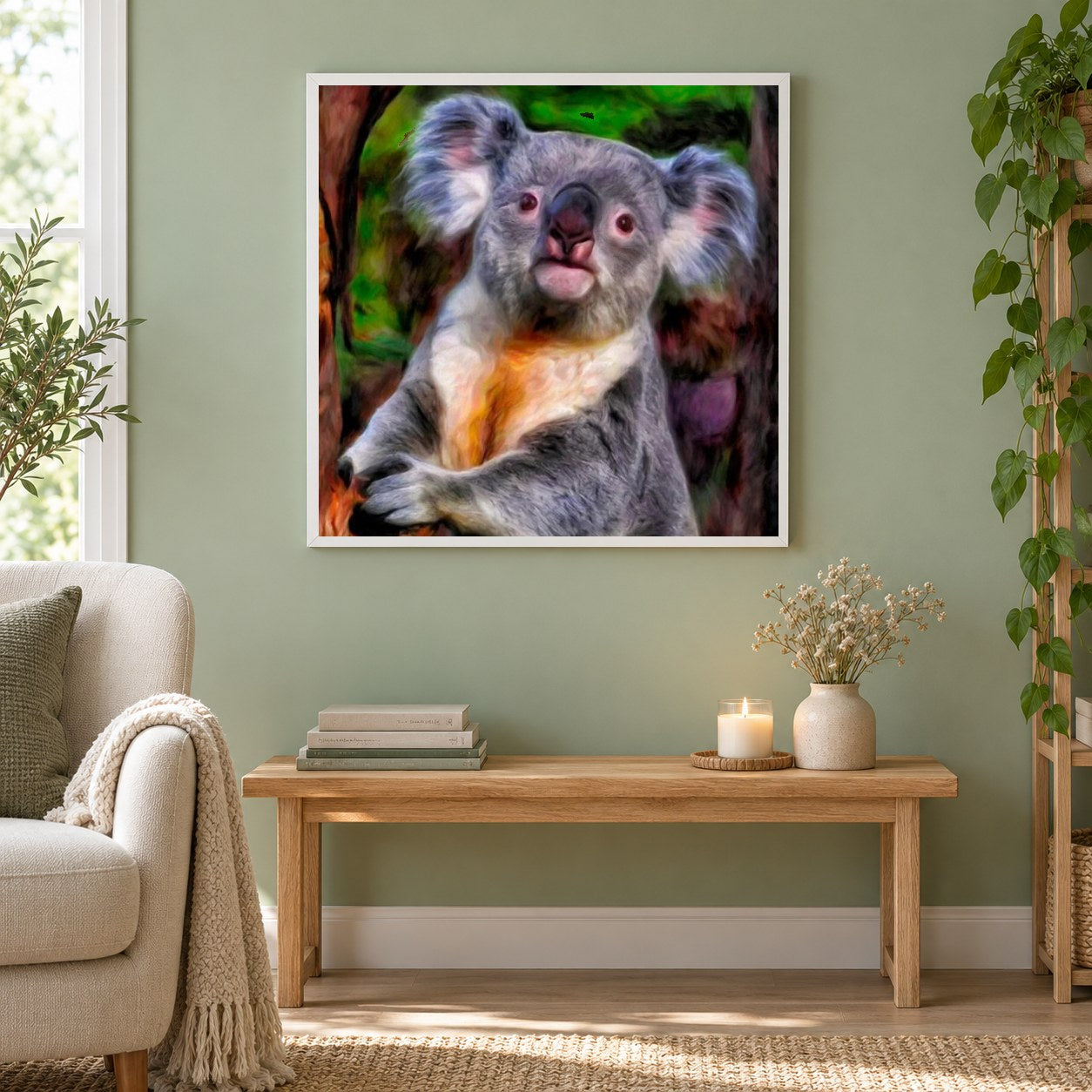 Netter Baby-Koala als gerahmtes Diamond Painting im Wohnzimmer