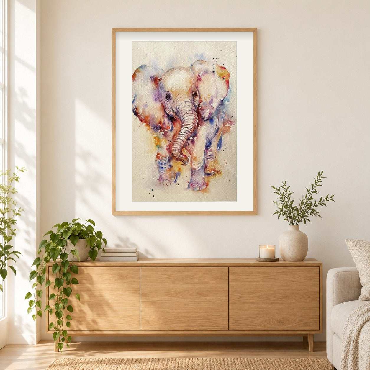 Netter Babyelefant - Diamon Painting als gerahmtes Diamond Painting im Wohnzimmer
