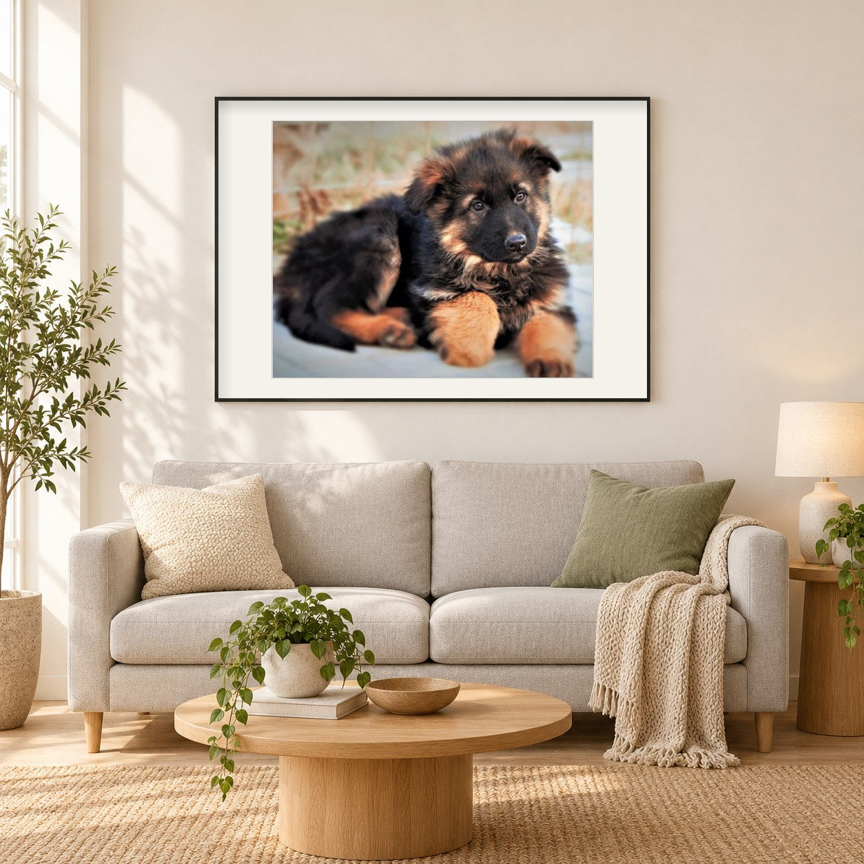 Netter Deutscher Schäferhund Welpe als gerahmtes Diamond Painting im Wohnzimmer