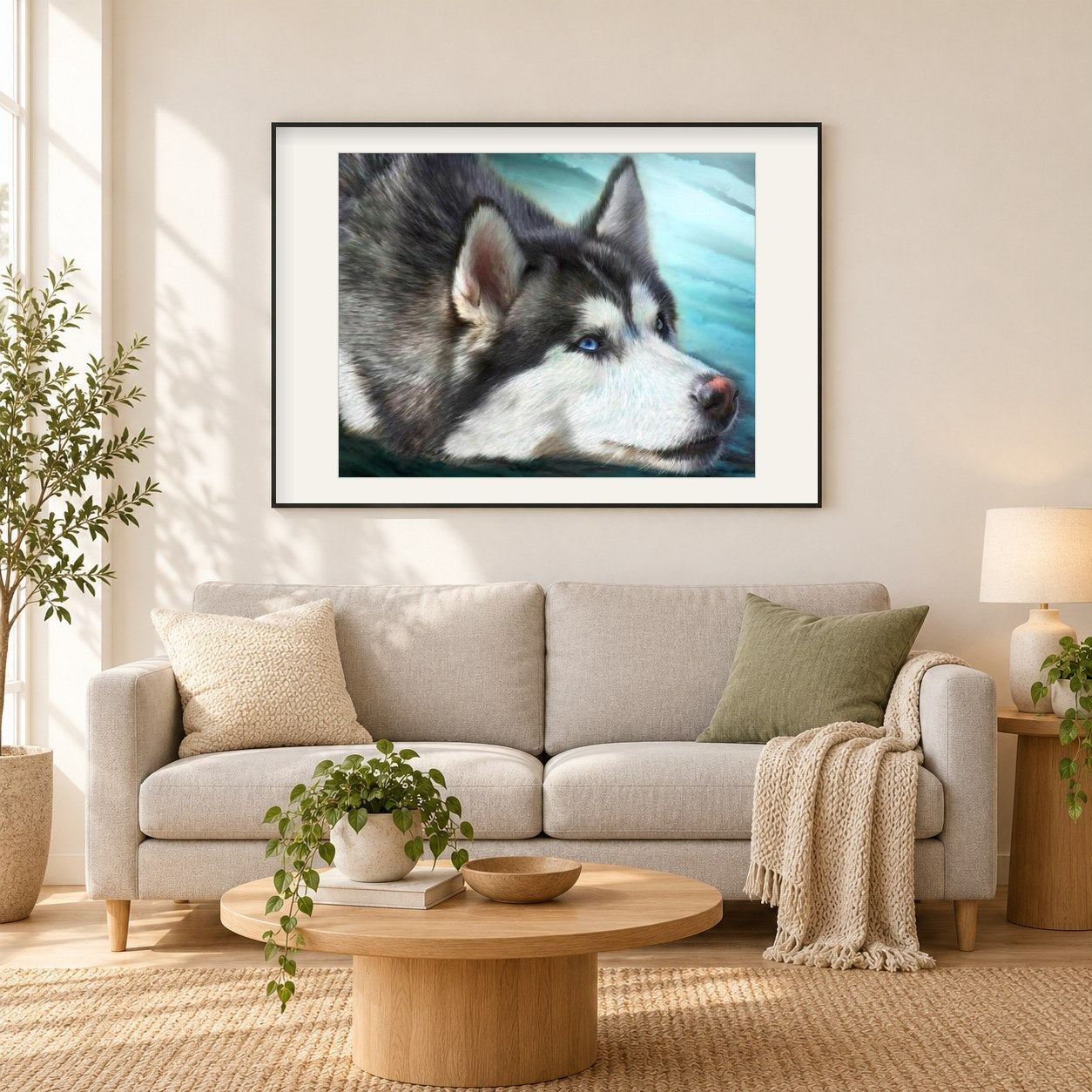 Netter Husky als gerahmtes Diamond Painting im Wohnzimmer