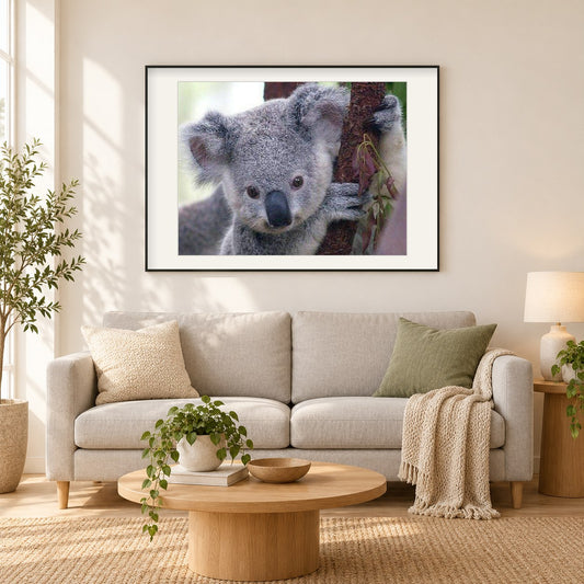 Netter Koalabär als gerahmtes Diamond Painting im Wohnzimmer
