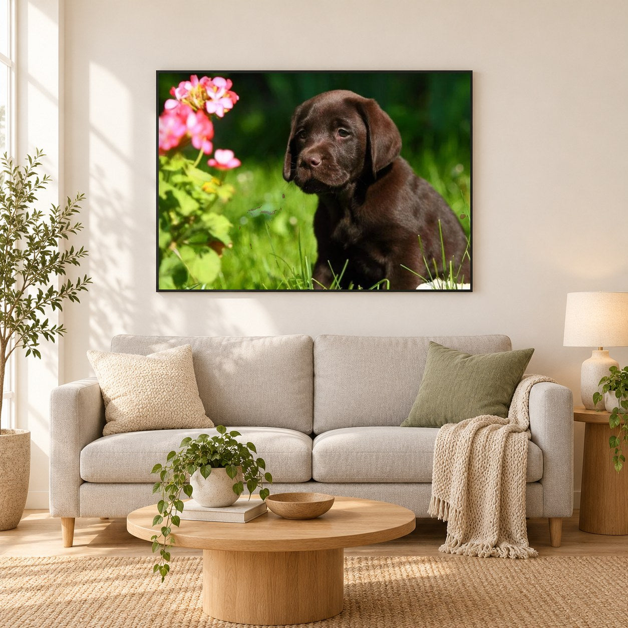 Netter Labrador Retriever Welpe als gerahmtes Diamond Painting im Wohnzimmer