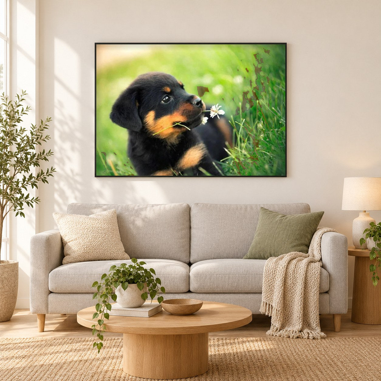 Netter Rottweiler Welpe als gerahmtes Diamond Painting im Wohnzimmer