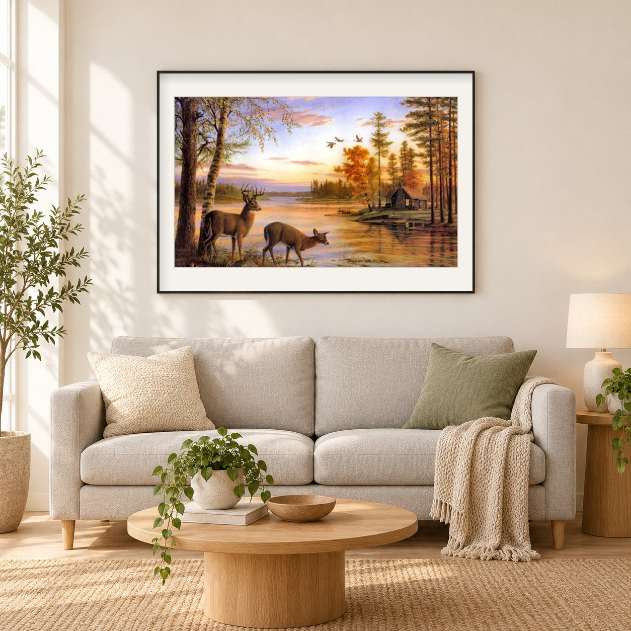 Nettes Buck & Doe Paar Trinkwasser als gerahmtes Diamond Painting im Wohnzimmer
