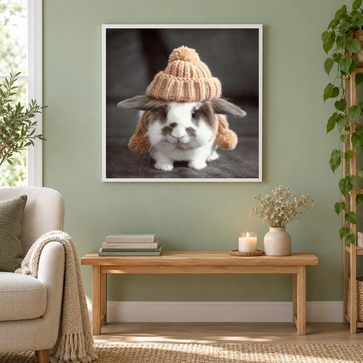 Nettes Kaninchen, das Kappe trägt als gerahmtes Diamond Painting im Wohnzimmer