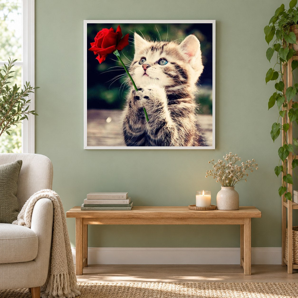 Nettes Kätzchen mit roter Rose als gerahmtes Diamond Painting im Wohnzimmer