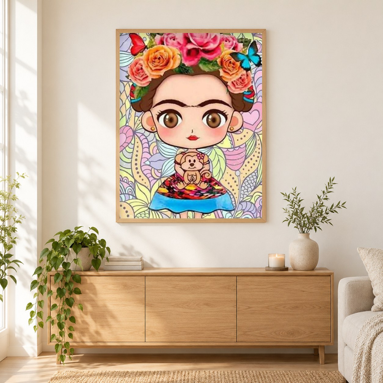 Nettes kleines Cartoon-Mädchen als gerahmtes Diamond Painting im Wohnzimmer