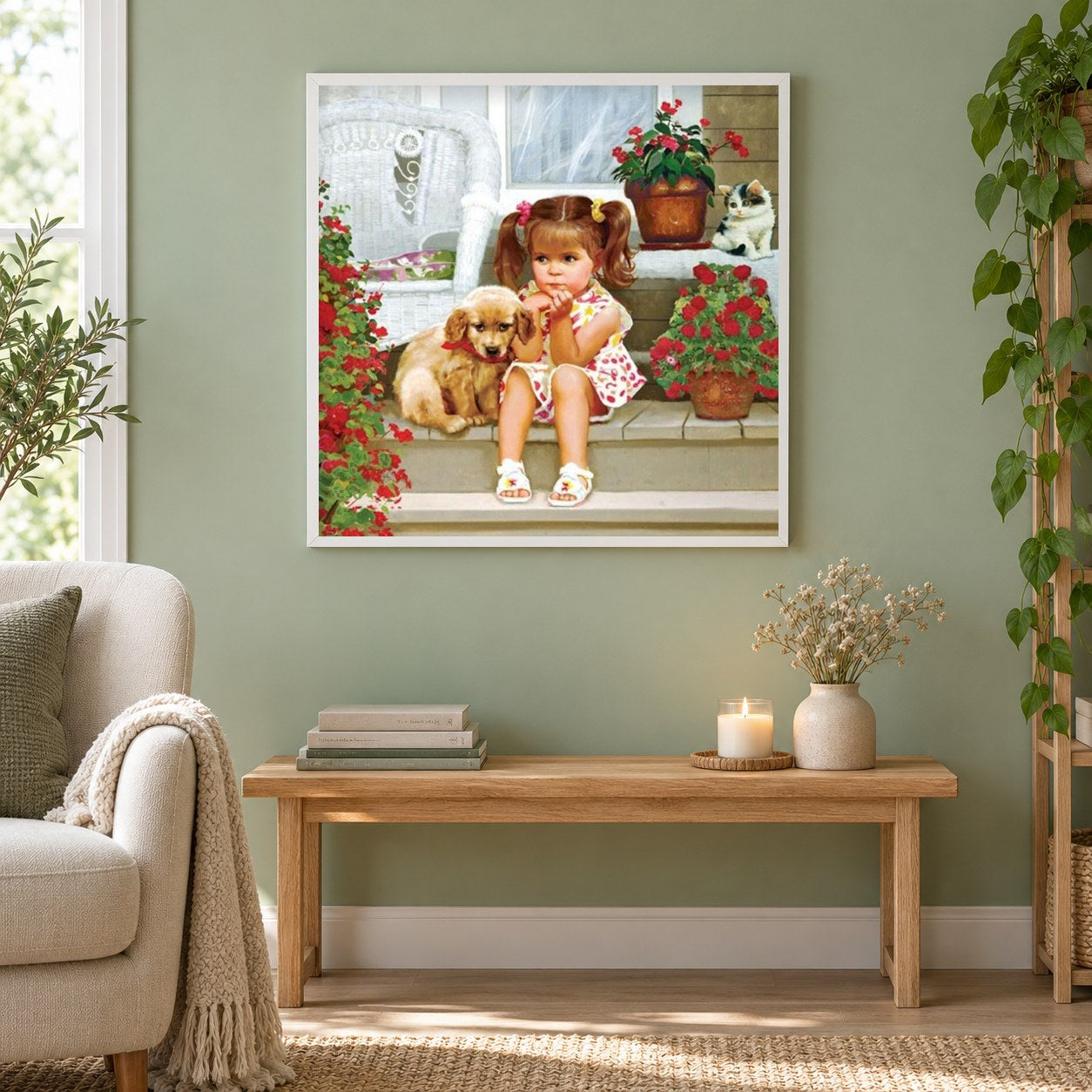 Nettes Mädchen mit ihrem Welpen u. Kätzchen als gerahmtes Diamond Painting im Wohnzimmer