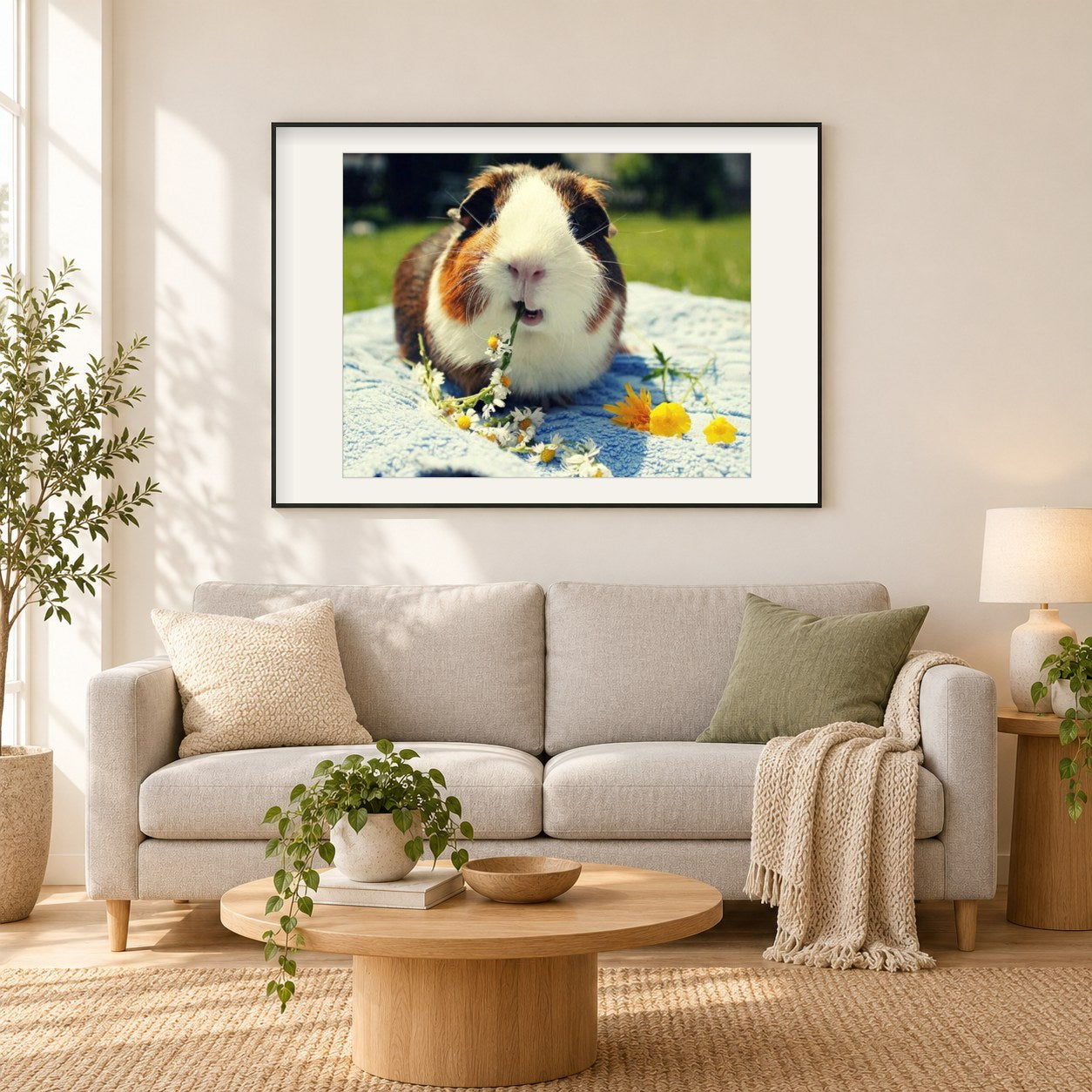 Nettes Meerschweinchen, das Blumen isst als gerahmtes Diamond Painting im Wohnzimmer