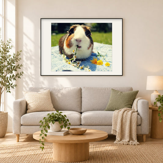 Nettes Meerschweinchen, das Blumen isst als gerahmtes Diamond Painting im Wohnzimmer