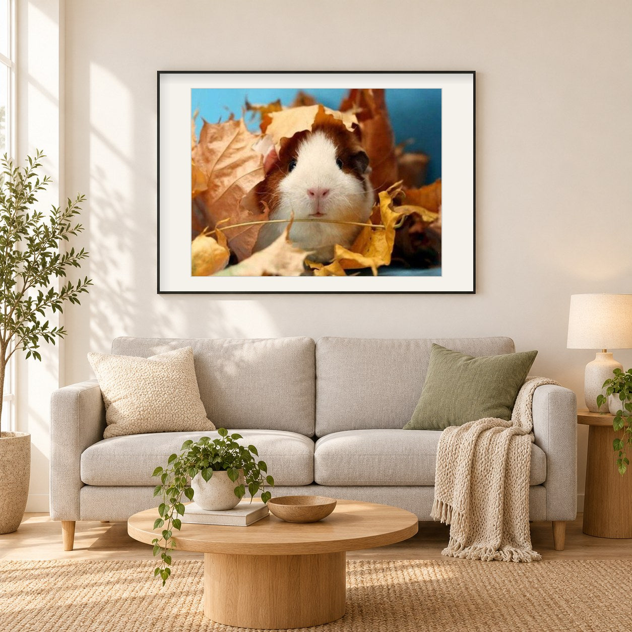 Nettes Meerschweinchen & Herbstlaub als gerahmtes Diamond Painting im Wohnzimmer