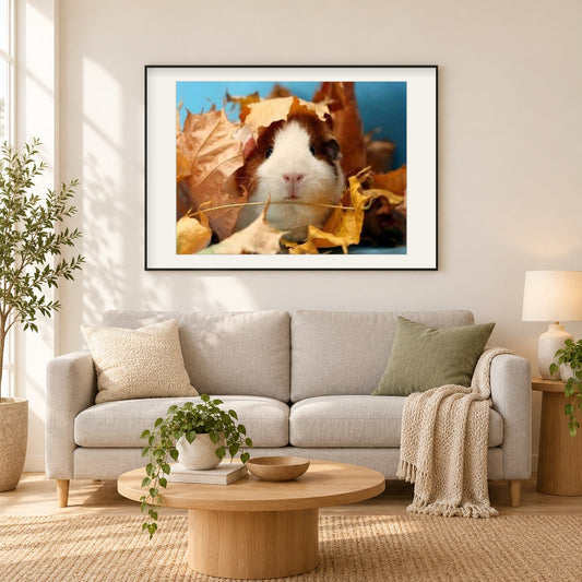 Nettes Meerschweinchen & Herbstlaub als gerahmtes Diamond Painting im Wohnzimmer