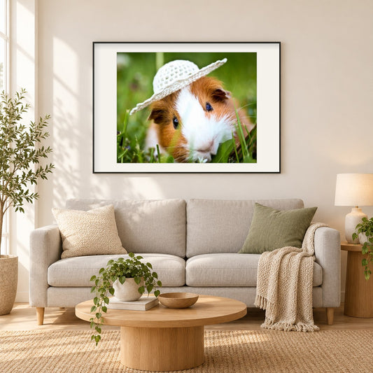 Nettes Meerschweinchen im Hut als gerahmtes Diamond Painting im Wohnzimmer