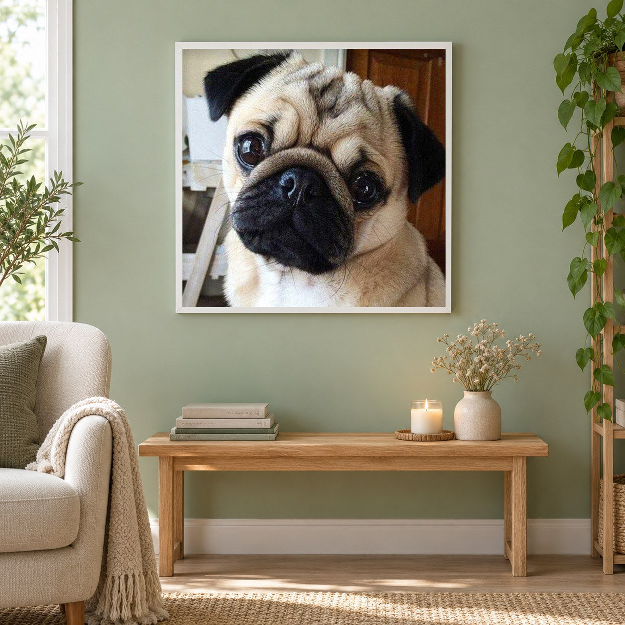 Nettes Mops-Hundemalerei-Kit als gerahmtes Diamond Painting im Wohnzimmer