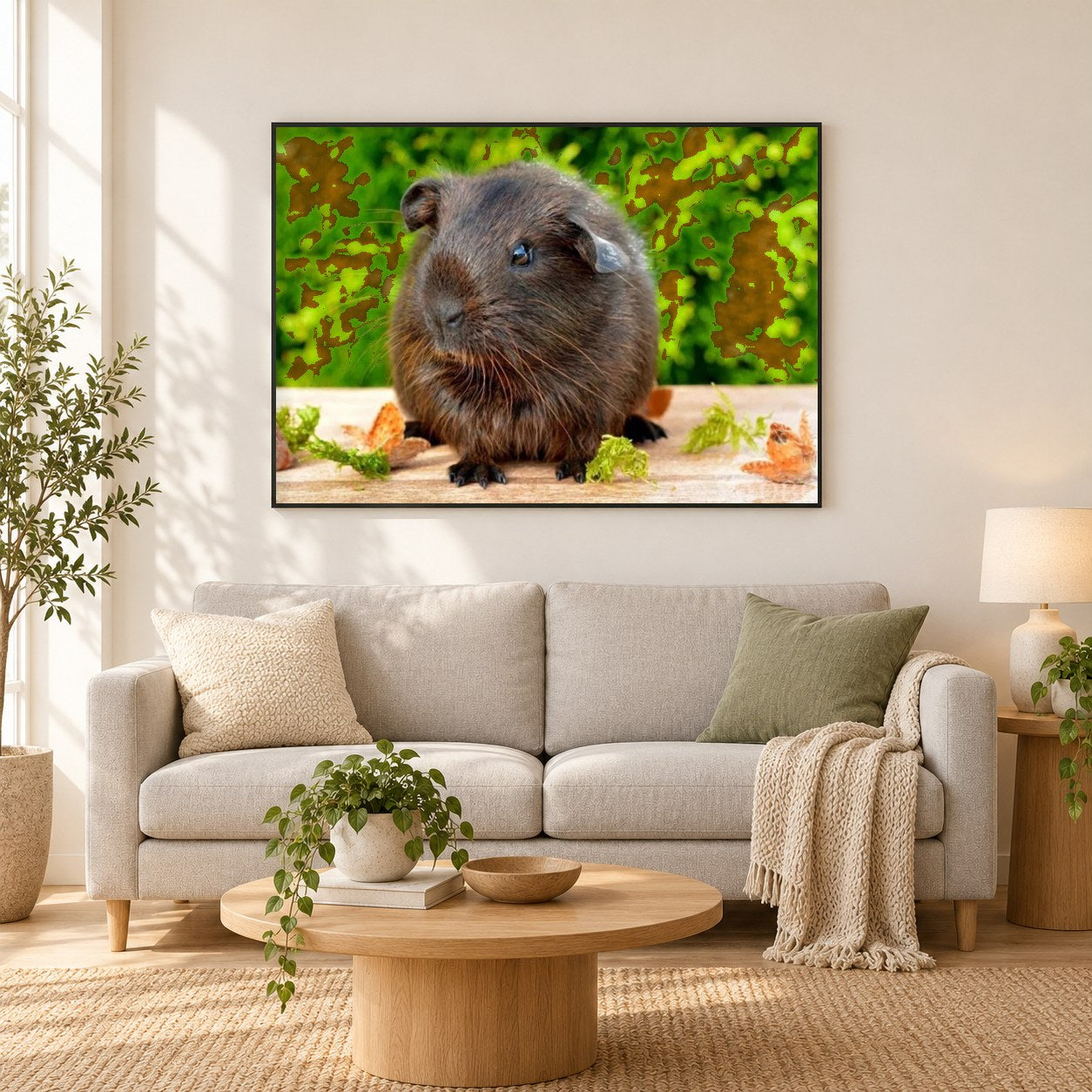 Nettes schwarzes Meerschweinchen als gerahmtes Diamond Painting im Wohnzimmer
