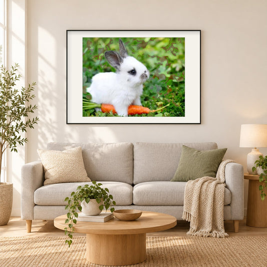 Nettes weißes Babykaninchen als gerahmtes Diamond Painting im Wohnzimmer