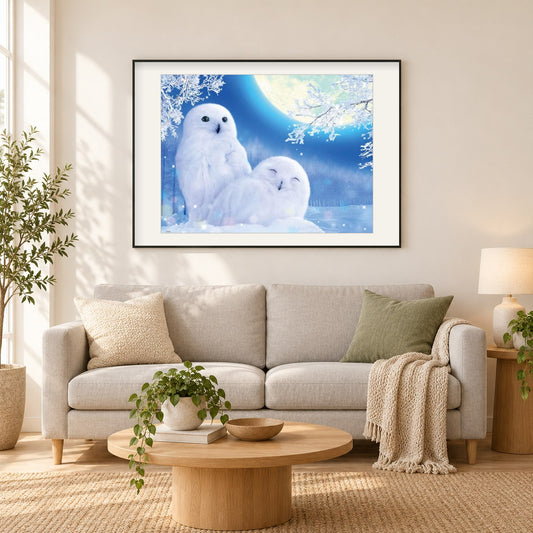 Nettes weißes Eulenpaar als gerahmtes Diamond Painting im Wohnzimmer