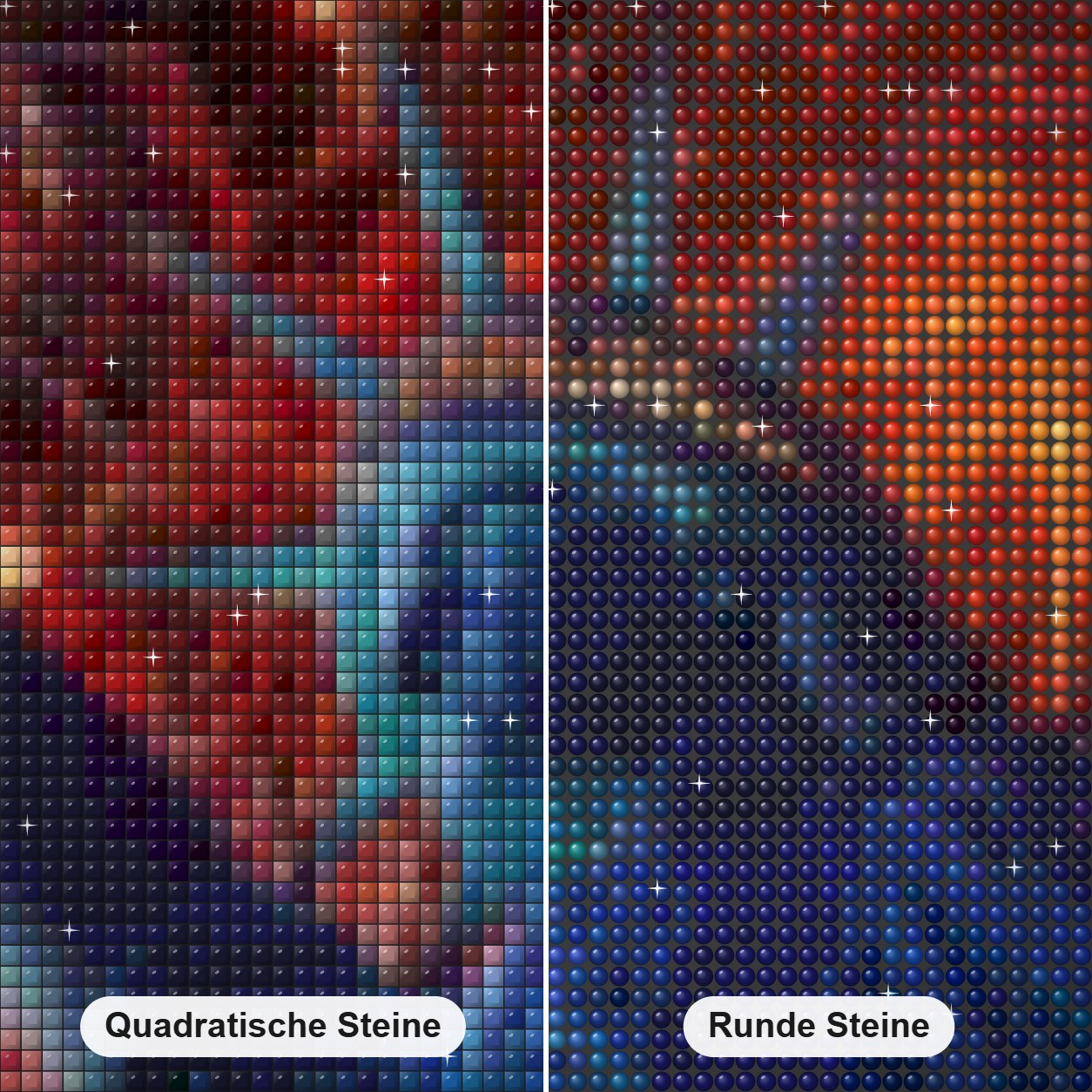 Neujahrsfeier Diamond Painting Nahaufnahme mit quadratischen und runden Steinen