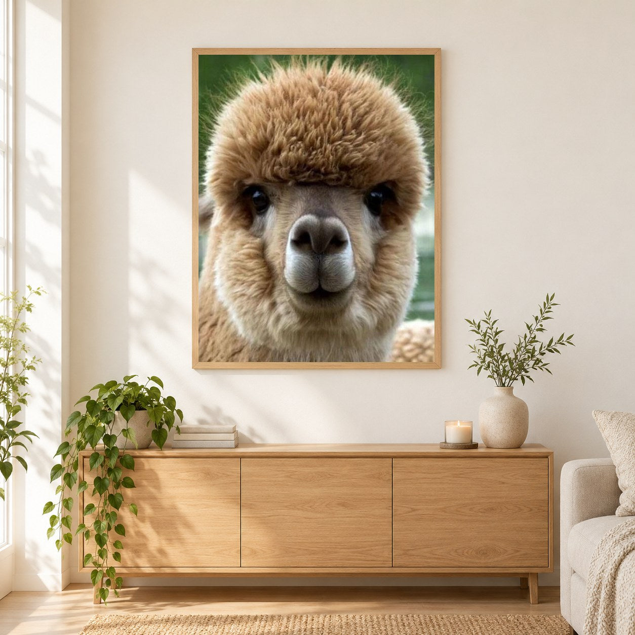 Niedliche Alpaka Baby Nahaufnahme als gerahmtes Diamond Painting im Wohnzimmer